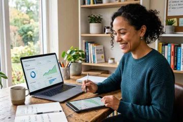 woman working on laptop smiling